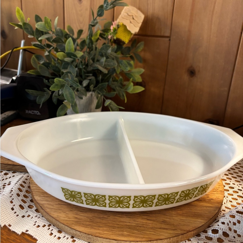 Vintage PYREX Divided Serving Dish with Green Floral Pattern